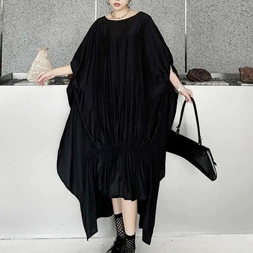 Load image into Gallery viewer, Women Black Pleated Irregular Big Size Long Dress New Round Neck Half Sleeve Fashion Tide Spring Summer 2025 1DH6284
