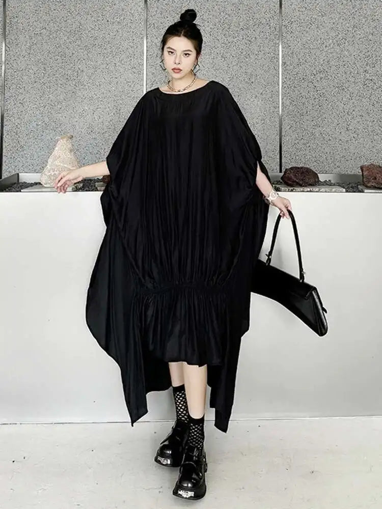 Women Black Pleated Irregular Big Size Long Dress New Round Neck Half Sleeve Fashion Tide Spring Summer 2025 1DH6284