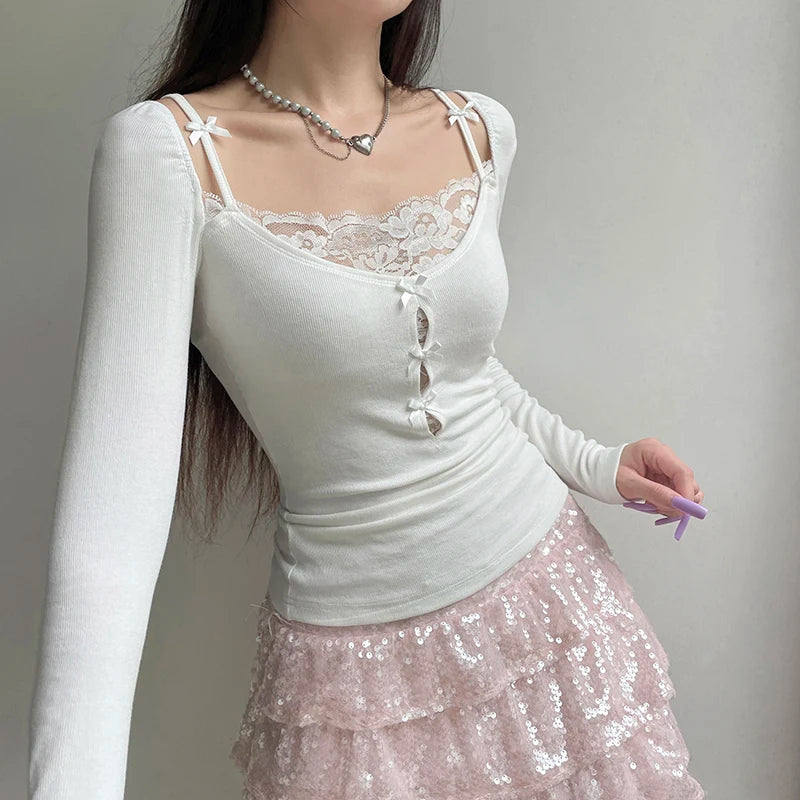 Vintage Fashion Skinny Lace Patchwork Women T-shirts Bow Y2K Gothic Dark Top Long Sleeve Korean Tee Shirts Knitted