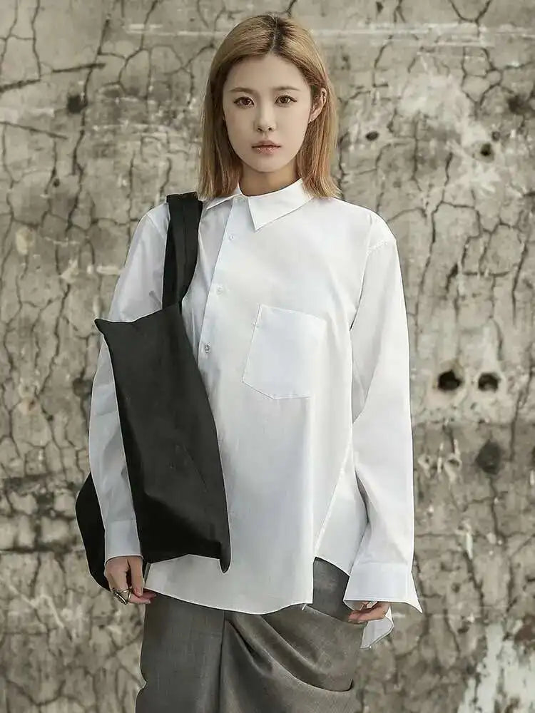 Women White Irregular Big Size Blouse New Lapel Long Sleeve Loose Fit Shirt Fashion Tide Spring Autumn 2025 1DF6809