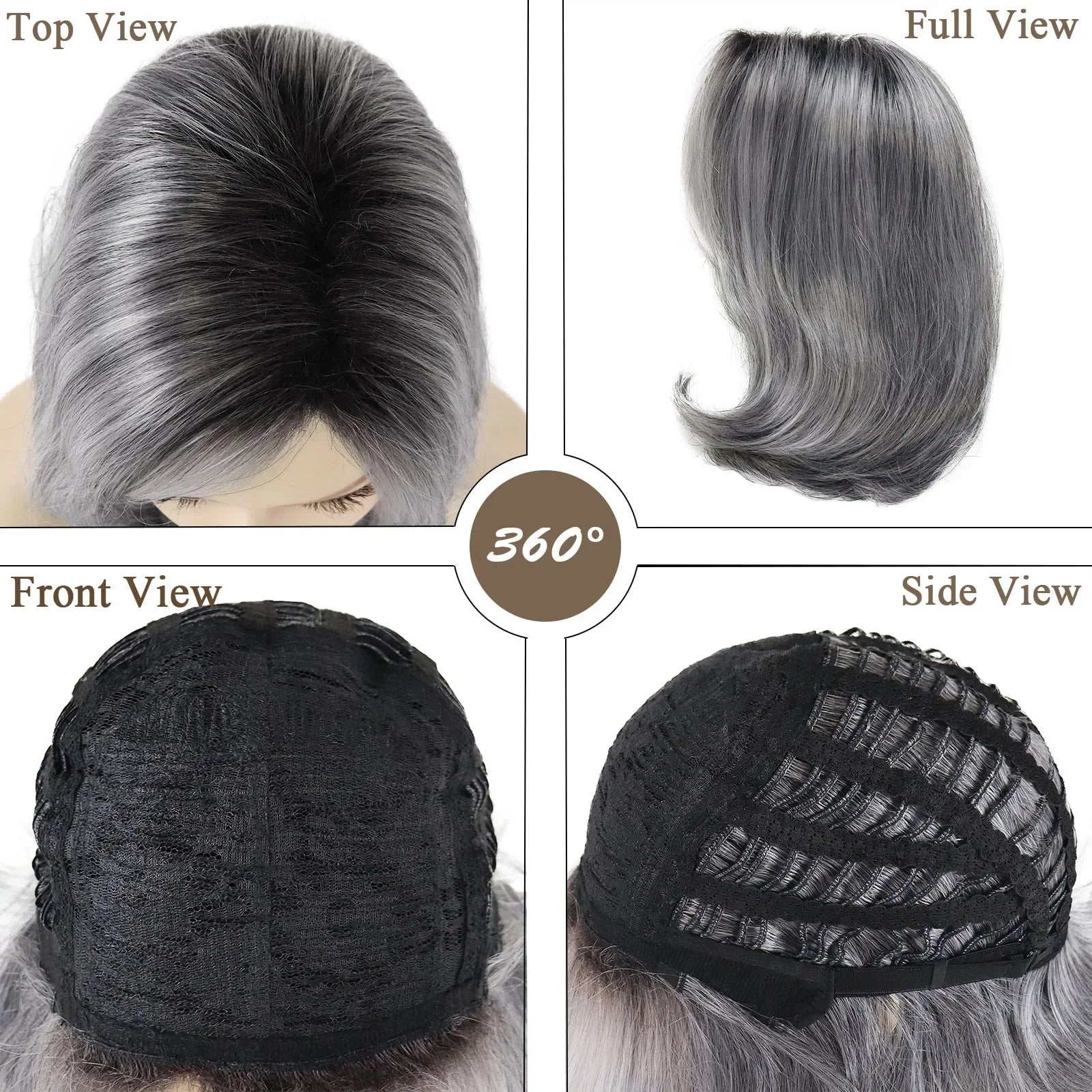 Synthetic Short Grey Bob Wig with Side Bangs Black Roots Seniors Womens Wig Natural Haircuts Ombre Elderly Curly Hair