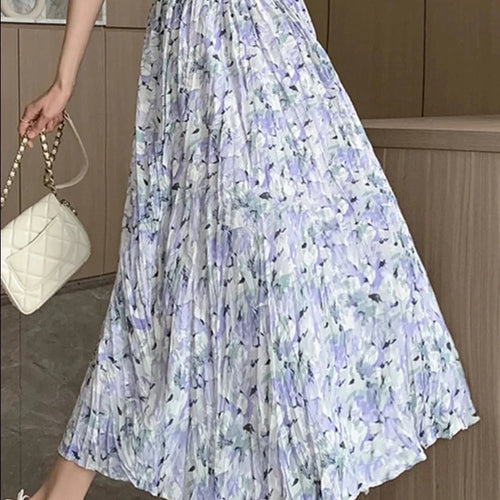 Load image into Gallery viewer, French Style Pleated Elastic Waist Printed Women Skirts Casual Summer Elegant Female Midi Skirt Vacation Party Club Skirt
