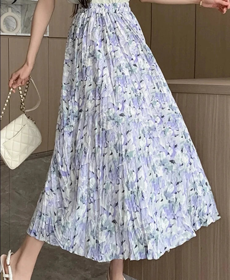 French Style Pleated Elastic Waist Printed Women Skirts Casual Summer Elegant Female Midi Skirt Vacation Party Club Skirt