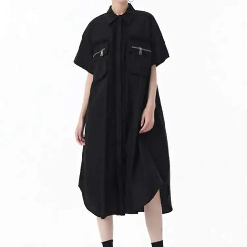 Load image into Gallery viewer, Women White Mesh Color-block Big Size Midi Shirt Dress New Lapel Short Sleeve Fashion Tide Spring Summer 2025 1DJ0003
