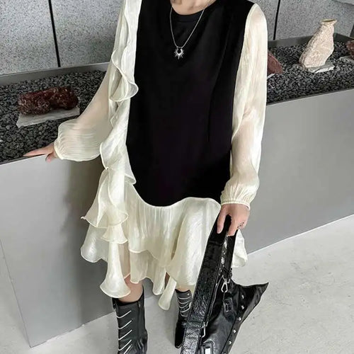 Load image into Gallery viewer, Women Black Ruffles Color-block Big Size Knee-Length Dress New Round Neck Long Sleeve Fashion Spring Autumn 2025 1DH7239
