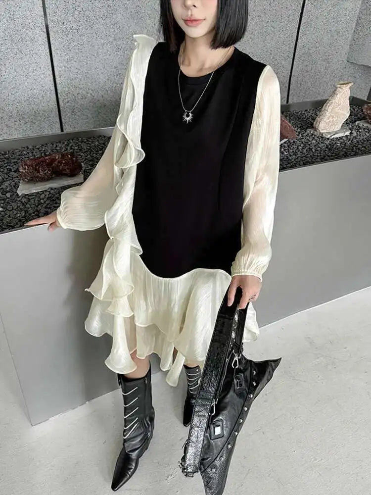 Women Black Ruffles Color-block Big Size Knee-Length Dress New Round Neck Long Sleeve Fashion Spring Autumn 2025 1DH7239