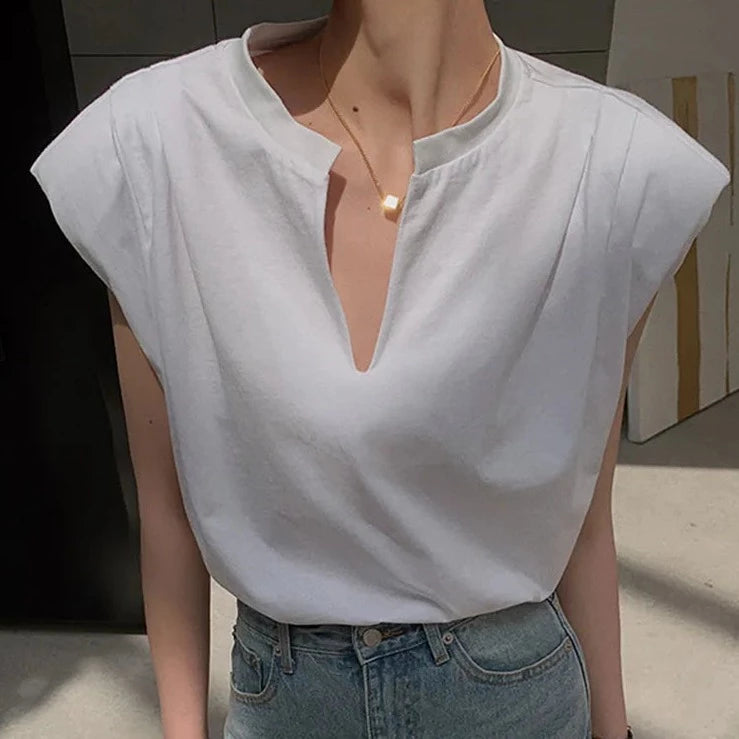 Pullover Casual T Shirts For Women V Neck Sleeveless Casual Temeprament T Shirt Female Fashion Summer Clothing