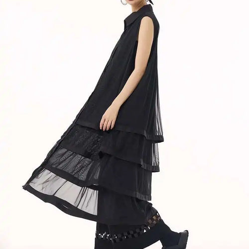 Load image into Gallery viewer, Women Black Layers Mesh Big Size Midi Vest Shirt Dress New Lapel Sleeveless Fashion Tide Spring Summer 2025 1DH9472
