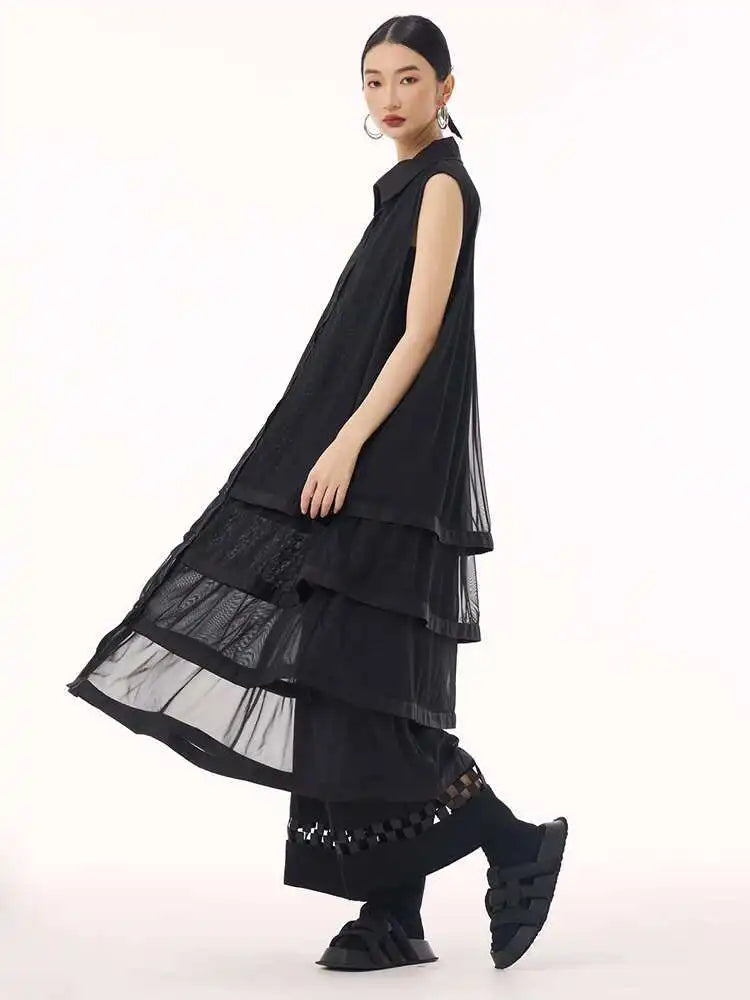 Women Black Layers Mesh Big Size Midi Vest Shirt Dress New Lapel Sleeveless Fashion Tide Spring Summer 2025 1DH9472