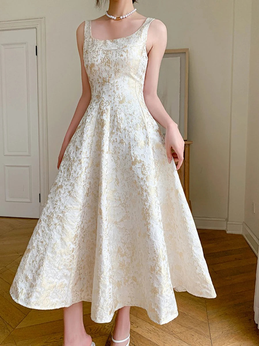 Solid Spliced Slimming Dresses For Women Square Neck Sleeveless High Waist Temperament Dress Female Fashion Style