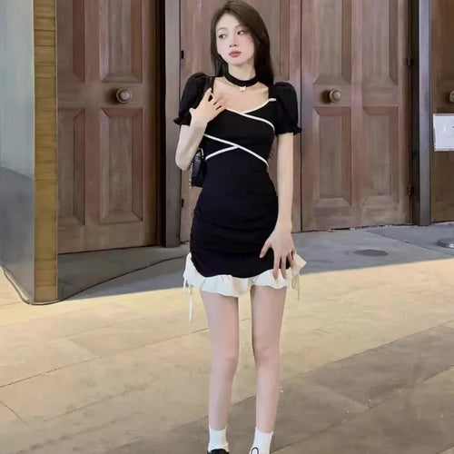 Load image into Gallery viewer, Y2k Bandage Sexy Bodycon Black Dress Women Korean Wrap Puff Sleeve Mini Short Dresses Party Ruffles Backless Fashion
