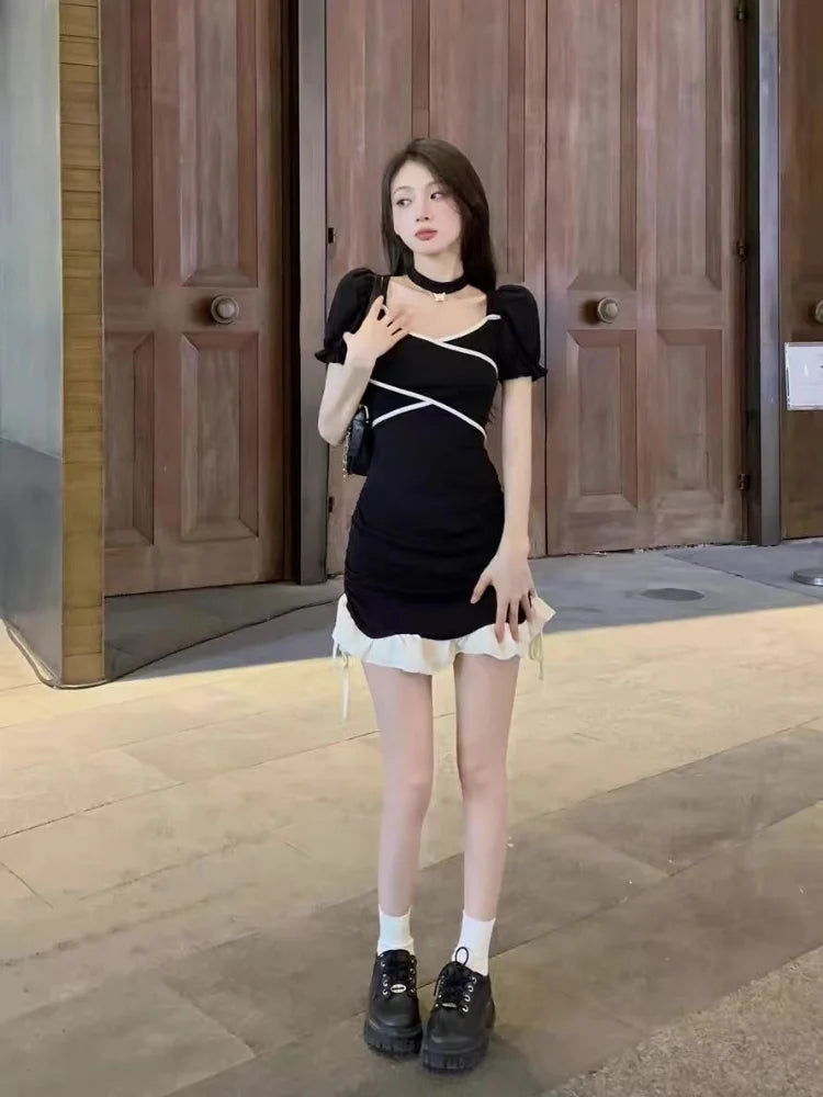 Y2k Bandage Sexy Bodycon Black Dress Women Korean Wrap Puff Sleeve Mini Short Dresses Party Ruffles Backless Fashion