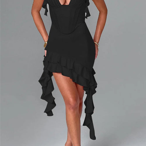 Load image into Gallery viewer, Deep V Neck Backless Draped Ruffle Mini Dress For Women Fashion Sleeveless Bodycon Club Party Sexy Dress Elegant
