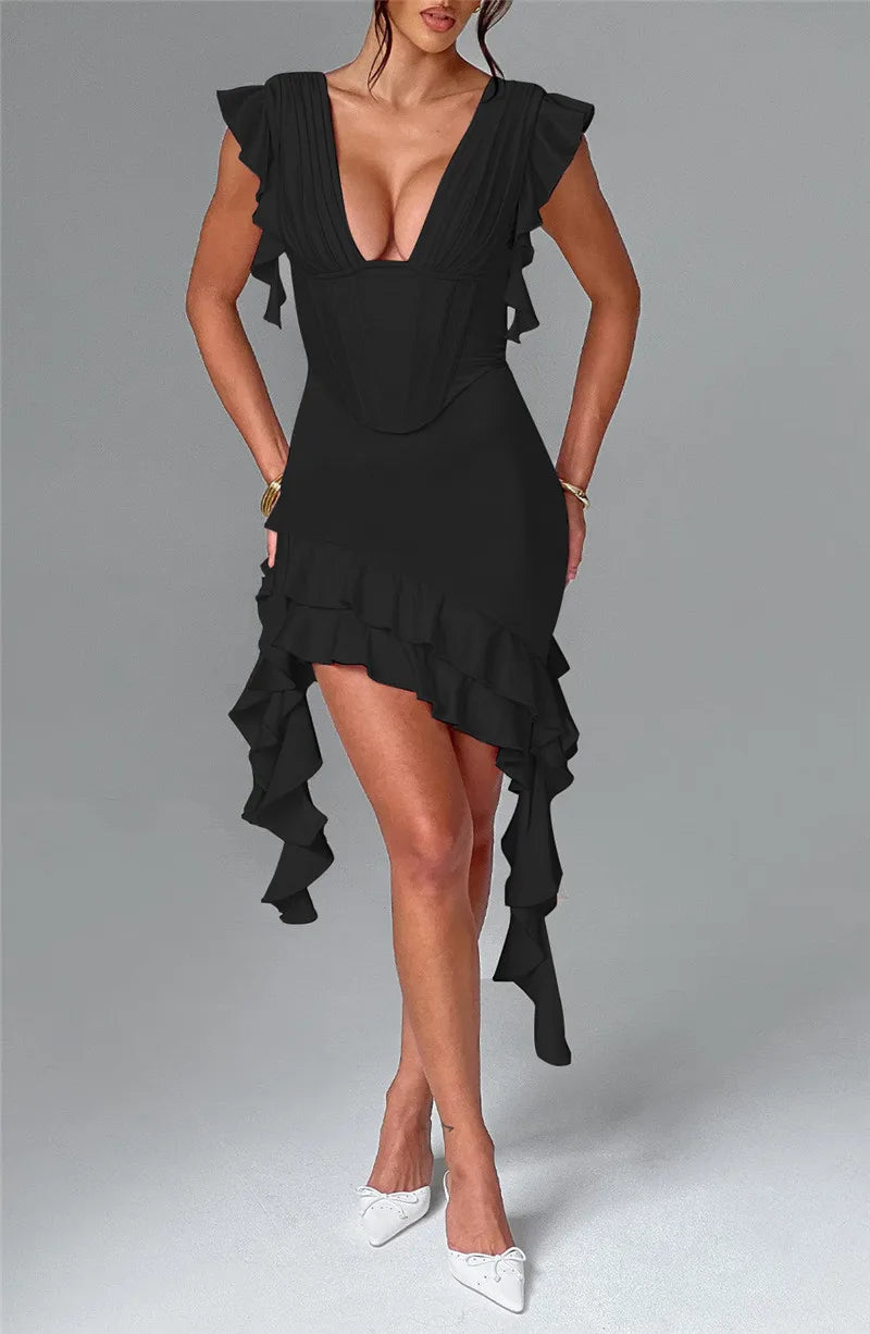 Deep V Neck Backless Draped Ruffle Mini Dress For Women Fashion Sleeveless Bodycon Club Party Sexy Dress Elegant