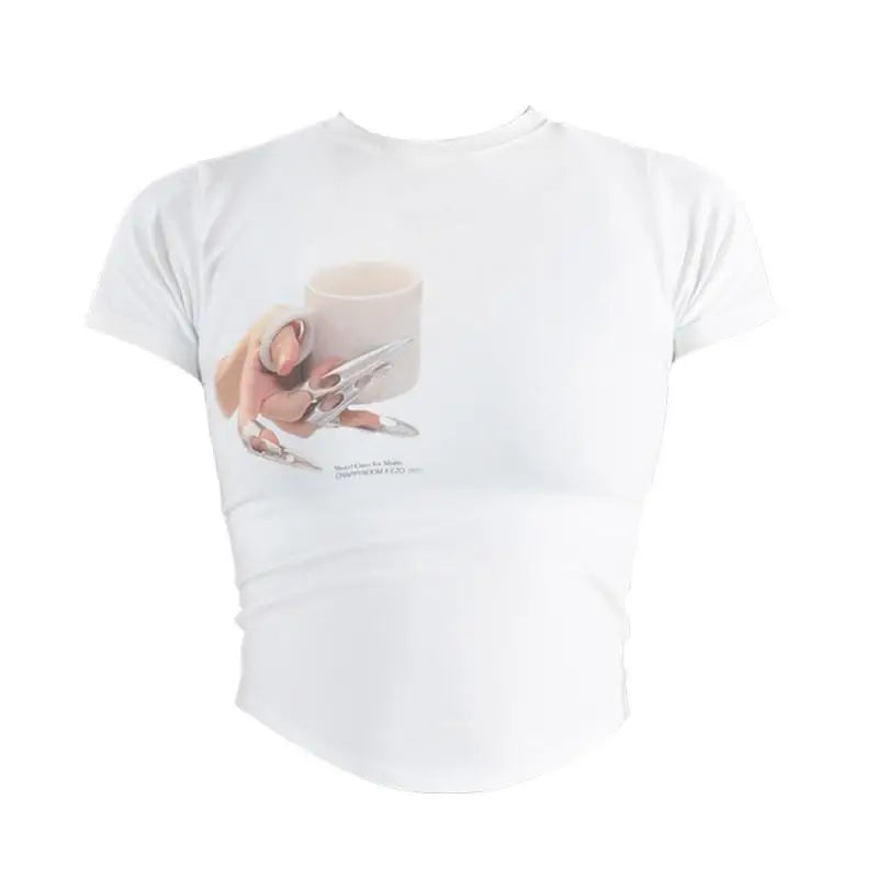 Korean Fashion Irregular Crop Tops Chic Graphic T-shirts Y2k Aesthetics Sexy Slim Tshirt Grunge Print Designer Clothes