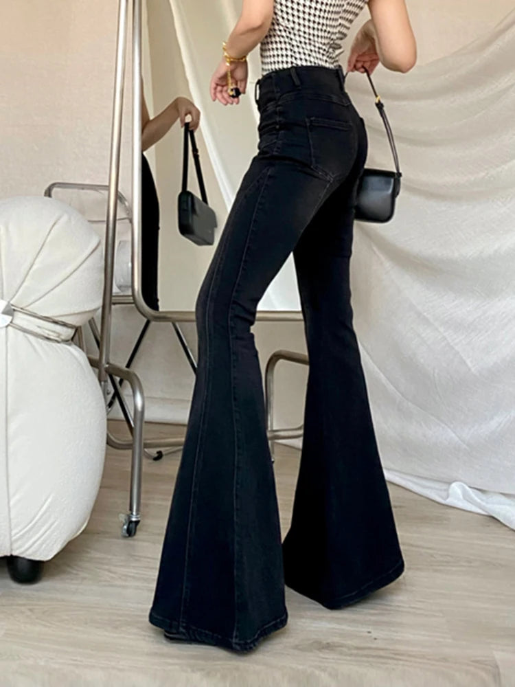 Vintage Casual Flare Jeans High Waist Full Length Patchwork Folds Slimming Temperament Pant Female Fashion Clothing