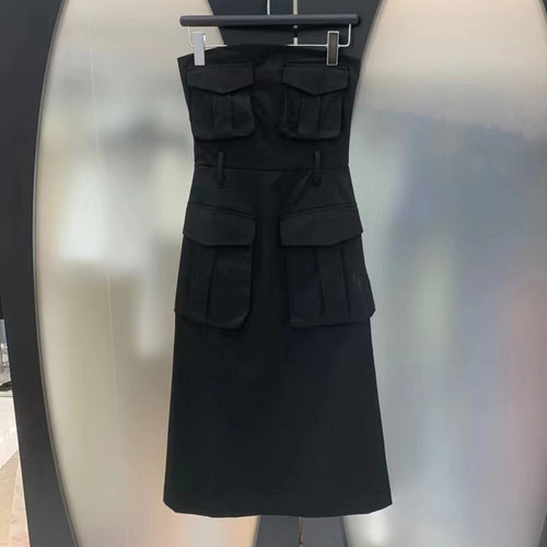 Load image into Gallery viewer, Patchwork Pockets Dresses For Women Strapless Sleeveless High Waist Solid Casual A Line Dress Female Fashion
