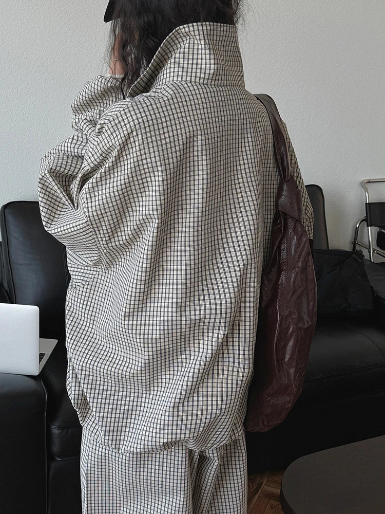 Beige Plaid Pocket Big Size Casual Jacket New Stand Collar Long Sleeve Women Coat Fashion Tide Spring Autumn 2025 1DJ0868