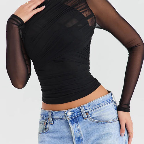 Load image into Gallery viewer, Sheer Mesh Long Sleeve Sexy T-shirt Women 2023 Autumn New V Neck Zipper Layered Skinny Club Party Sexy Tops
