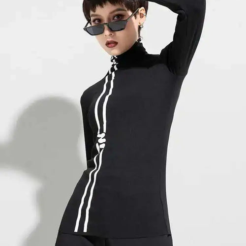 Load image into Gallery viewer, Women Black Letter  Print Slim High Elastic Casual T-shirt New Turtleneck Long Sleeve Fashion Spring Autumn 2025 1DF4651
