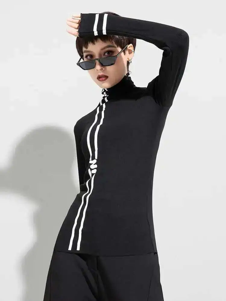 Women Black Letter  Print Slim High Elastic Casual T-shirt New Turtleneck Long Sleeve Fashion Spring Autumn 2025 1DF4651