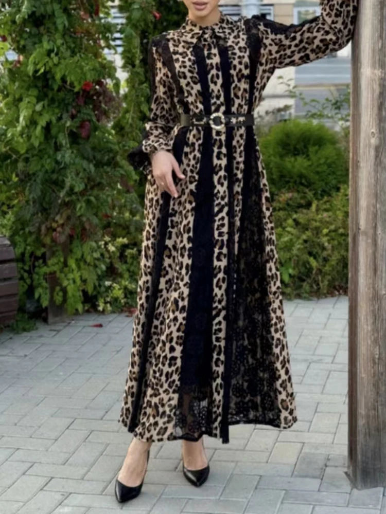 Leopard Printing Vintage Dresses For Women Lapel Long Sleeve High Waist Casual Loose Dress Female Fashion Female Fashion New