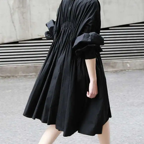 Load image into Gallery viewer, Women Blue Irregular Pleated Big Hem Shirt Dress New Stand Neck Long Sleeve Loose Fashion Tide Spring Autumn 2025 1DF9549
