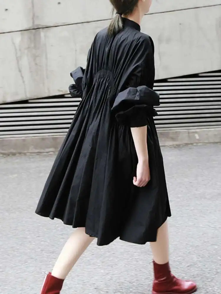 Women Blue Irregular Pleated Big Hem Shirt Dress New Stand Neck Long Sleeve Loose Fashion Tide Spring Autumn 2025 1DF9549