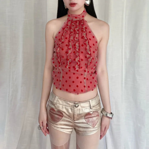 Load image into Gallery viewer, Y2k Aesthetics Red Halter Tops Vintage 2000s Style Polka Dot Camisole Japanese Harajuku Backless Tank Top Korean Popular
