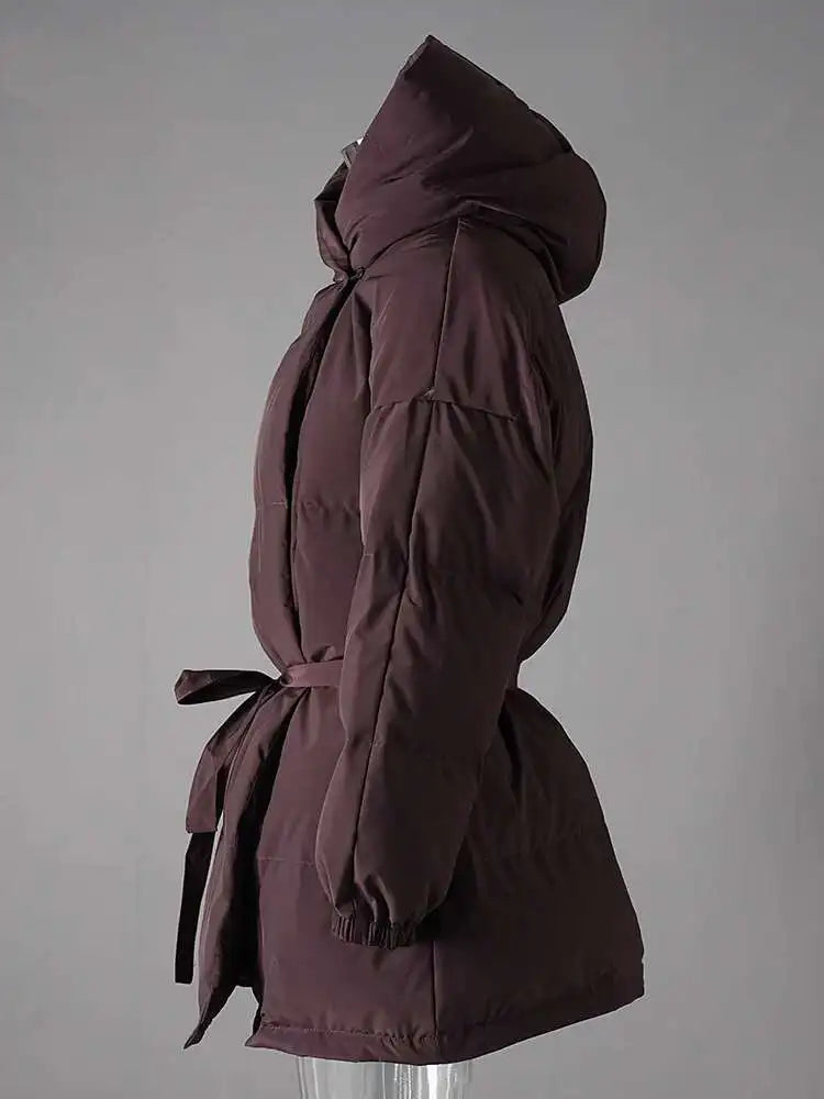 Wine Red Belted Big Size Warm Cotton-padded Coat Long Sleeve Women Parkas Fashion Tide New Autumn Winter 2025 2AA4243