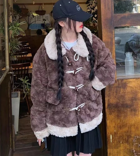 Fashion Lamb Wool Coat for Women Streetwear Furry Thicked Warm Oversized Outwear Casual Korean Y2k Coat Fall Winter Clothing