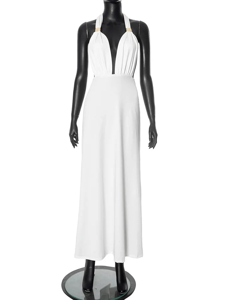 Halter Deep V Neck Sexy Maxi Dress For Women Fashion Solid Sleeveless Backless Lace-up Club Party Long Dress Vestido