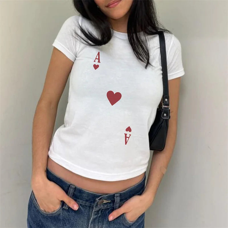 y2k Baby Tees Women Casual Graphic Print Round Neck Short Sleeve Cropped T Shirts 2000s Aesthetic Clothes Streetwear