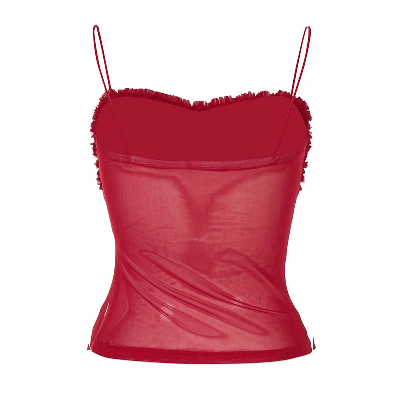 Spaghetti Strap Mesh Pleated Sexy Crop Tops Women Red Strapless Sleeveless Backless Skinny Club Tank Tops Clubwear