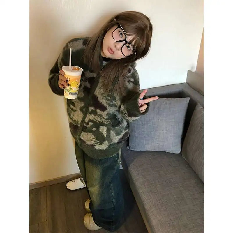 Winter Clothing Streetwear Camouflage Hooded Cardigan Women Sueter Mujer Casual Fashion Knitted Y2k Sweater Tops Pull Femme