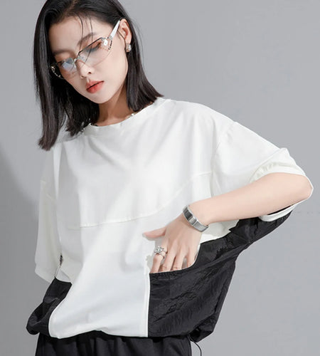 Women Green Color-block Drawstring Big Size T-shirt New Round Neck Half Sleeve Fashion Tide Spring Summer 2025 1DH9830