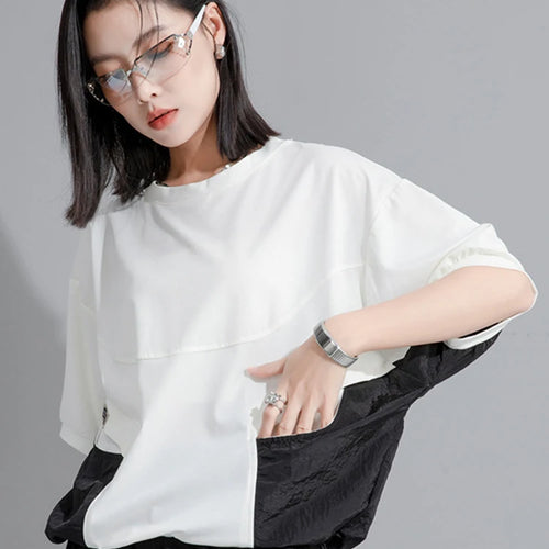Load image into Gallery viewer, Women Green Color-block Drawstring Big Size T-shirt New Round Neck Half Sleeve Fashion Tide Spring Summer 2025 1DH9830
