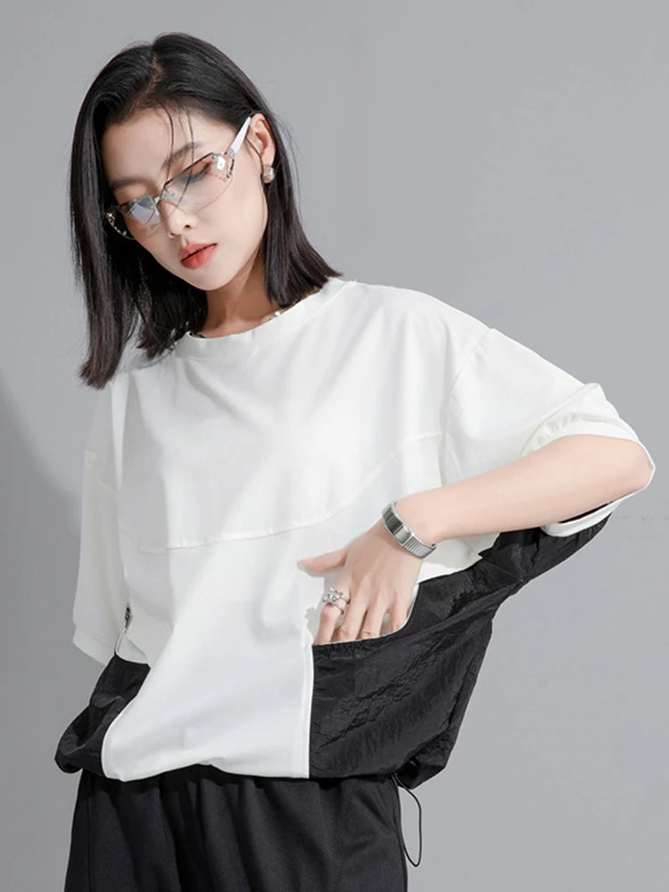 Women Green Color-block Drawstring Big Size T-shirt New Round Neck Half Sleeve Fashion Tide Spring Summer 2025 1DH9830