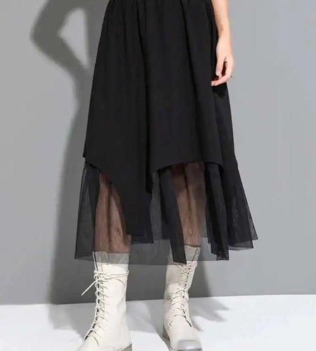 High Elastic Waist Black Mesh Fake Two Long CasualHalf-body Skirt Women Fashion Tide New Spring Autumn 2025 1DF6509