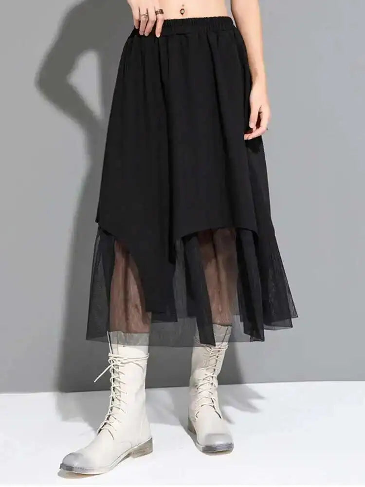High Elastic Waist Black Mesh Fake Two Long CasualHalf-body Skirt Women Fashion Tide New Spring Autumn 2025 1DF6509