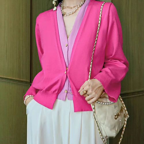 Load image into Gallery viewer, Hit Color Sweater For Women V Neck Long Sleeve Spliced Single Breasted Casual Knitting Sweaters Female Fashion New
