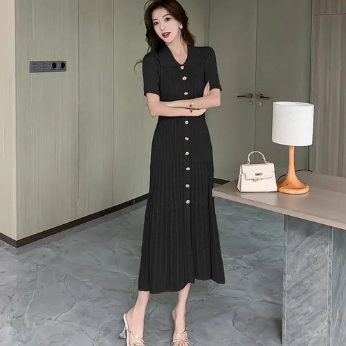 Load image into Gallery viewer, Summer 2024 New Women's Black Beige Single Breasted Knitted Long Dress Green Elegant Office Lady Short Sleeve Pleated Dress Chic
