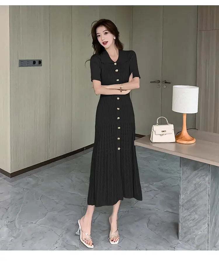 Summer 2024 New Women's Black Beige Single Breasted Knitted Long Dress Green Elegant Office Lady Short Sleeve Pleated Dress Chic