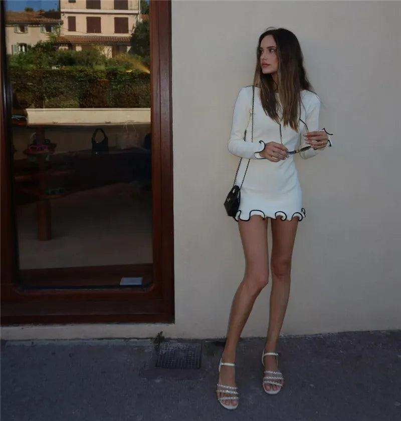 Long Sleeve Knit Mini Dress For Women Pullovers Sweater Dress Autumn Winter New Contrast Color O Neck Ruffled Dress