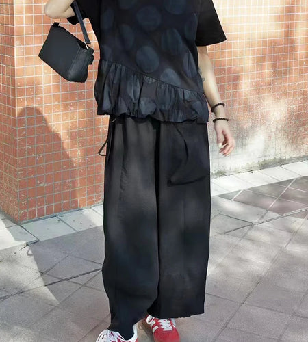 Women Black Dot Jacquard Big Size Casual T-shirt New Round Neck Short Sleeve Fashion Tide Spring Summer 2025 1DJ1342