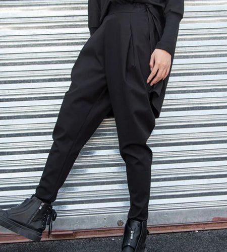 High Elastic Waist Black Split Joint Long Harem Trousers New Loose Fit Pants Women Fashion Tide Spring Autumn 2025 1Z317