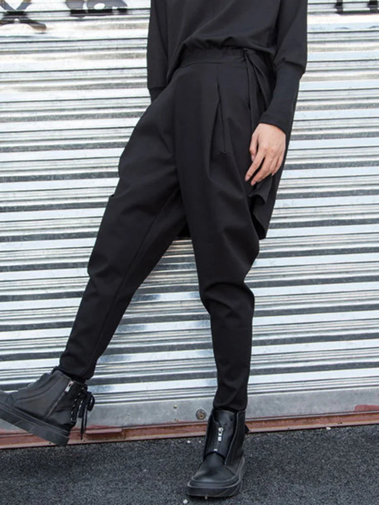 High Elastic Waist Black Split Joint Long Harem Trousers New Loose Fit Pants Women Fashion Tide Spring Autumn 2025 1Z317