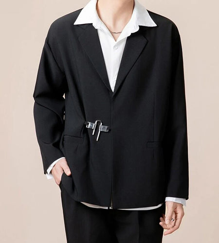 Simple Men's Blazers Metal Single Button Design Lapel Solid Color Korean Business Casual Loose Male Suit Jackets 9W1226