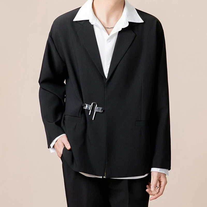 Simple Men's Blazers Metal Single Button Design Lapel Solid Color Korean Business Casual Loose Male Suit Jackets 9W1226