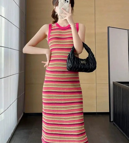 Korean Fashion Summer Pink Striped Patchwork Elegant Round Neck Slim Vest Long Dresses For Women Sleeveless Sexy Chic Dress 2025